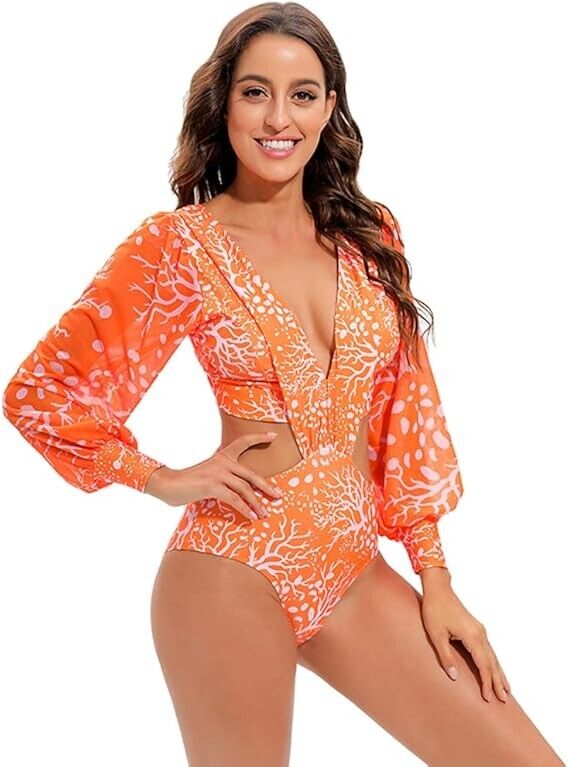 Women One Piece Swimsuit Long Sleeve Bathing Suit Sexy Bodysuit Puff Sleeve, XL