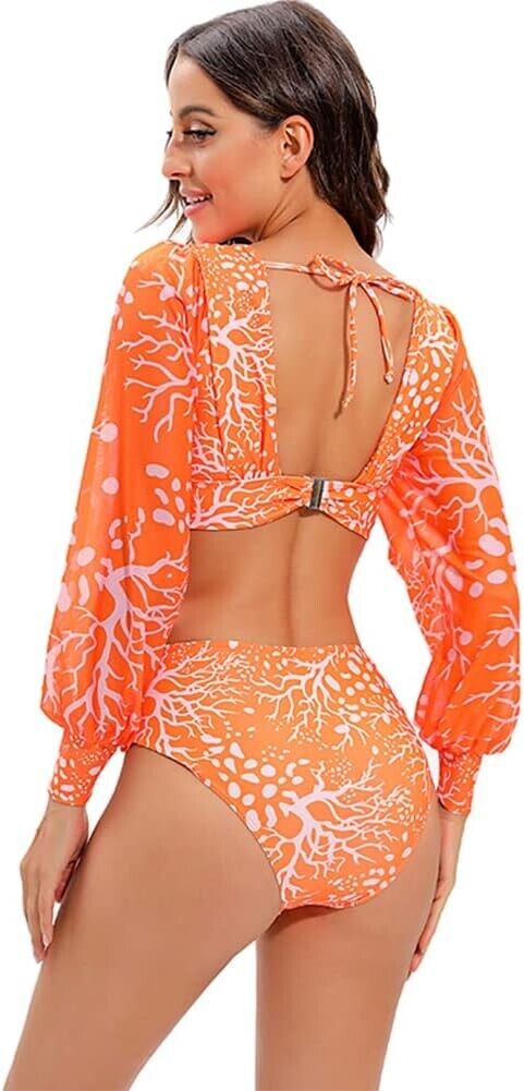 Women One Piece Swimsuit Long Sleeve Bathing Suit Sexy Bodysuit Puff Sleeve, XL