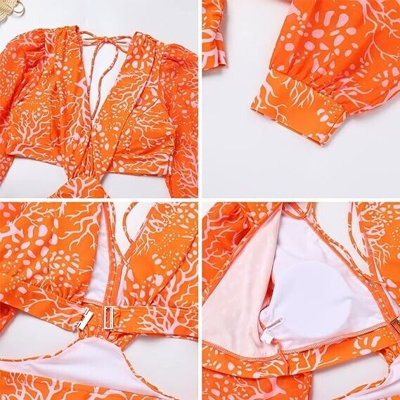 Women One Piece Swimsuit Long Sleeve Bathing Suit Sexy Bodysuit Puff Sleeve, XL
