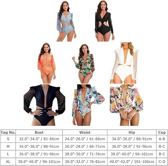 Women One Piece Swimsuit Long Sleeve Bathing Suit Sexy Bodysuit Puff Sleeve, XL