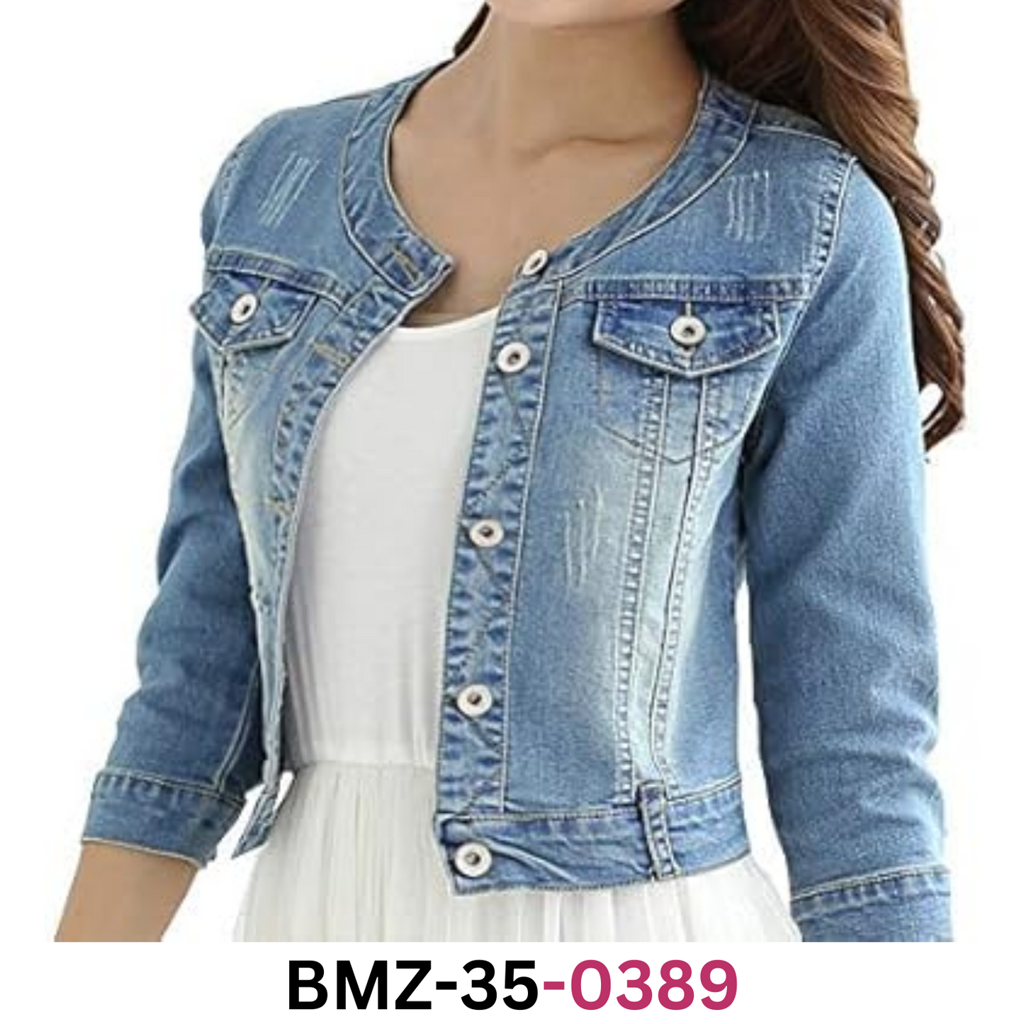 Women's Short Denim Jacket Round Neck Three Quarter Sleeves Light Blue Jacket, L