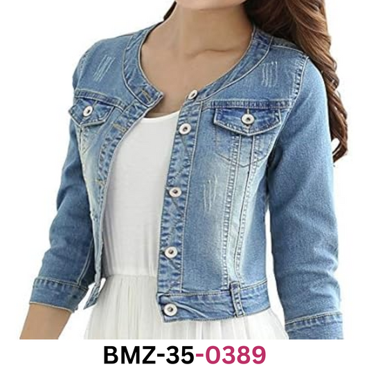 Women's Short Denim Jacket Round Neck Three Quarter Sleeves Light Blue Jacket, L