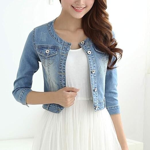 Women's Short Denim Jacket Round Neck Three Quarter Sleeves Light Blue Jacket, L