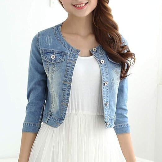 Women's Short Denim Jacket Round Neck Three Quarter Sleeves Light Blue Jacket, L
