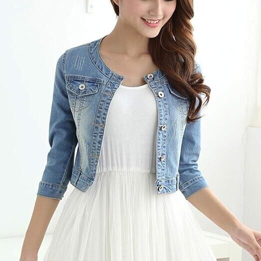 Women's Short Denim Jacket Round Neck Three Quarter Sleeves Light Blue Jacket, L
