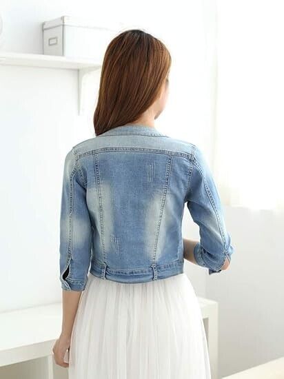 Women's Short Denim Jacket Round Neck Three Quarter Sleeves Light Blue Jacket, L