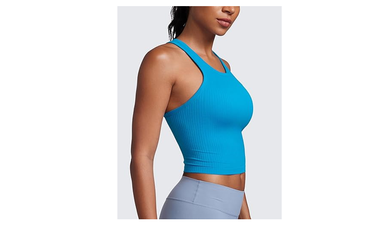 CRZ YOGA Womens Seamless Ribbed Longline High Neck Sports Bra - Racerback,  S