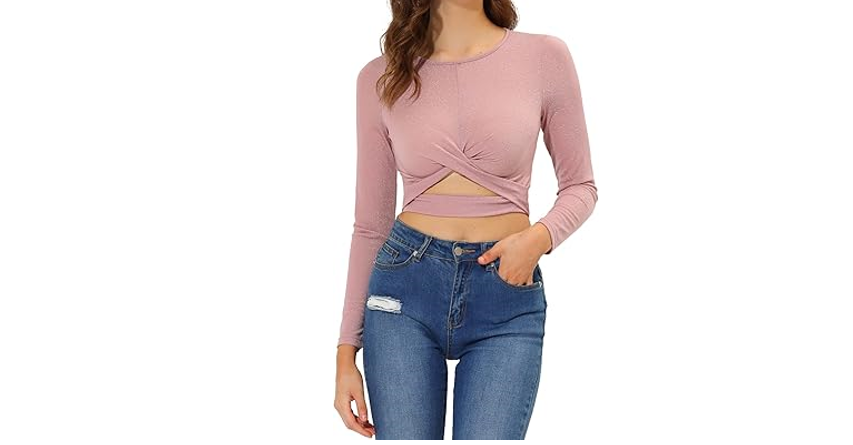 Allegra K Women's Glitter Top Twist Long Sleeve Cut Out Party Cropped Sparkly,