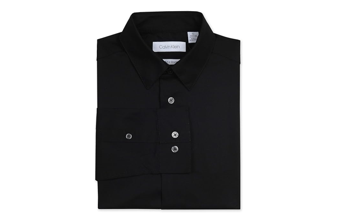 Calvin Klein Boys' Long Sleeve Sateen Dress Shirt, Button-Down Style, Black, 14