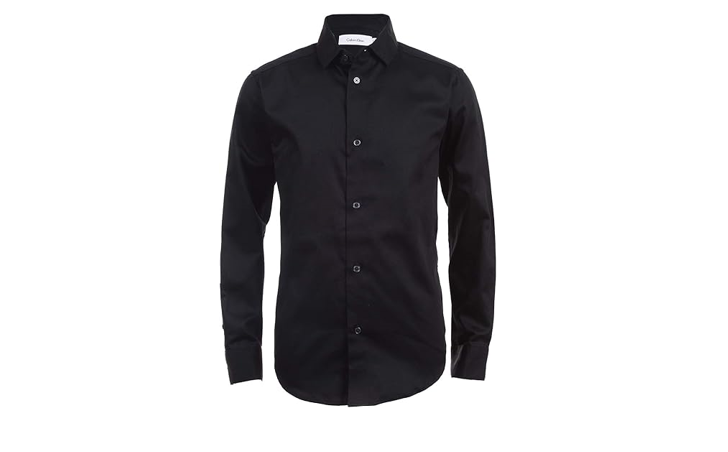 Calvin Klein Boys' Long Sleeve Sateen Dress Shirt, Button-Down Style, Black, 14