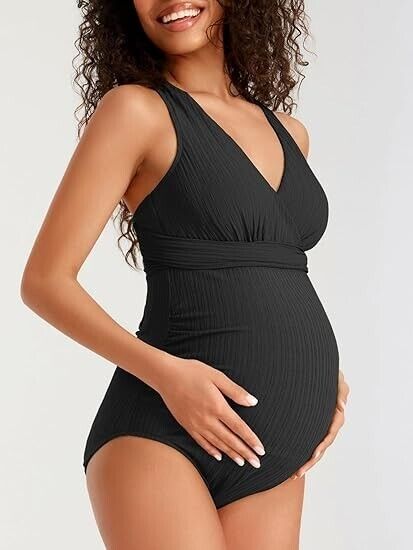 Summer Mae Maternity Swimsuit One Piece Tummy Control Suit V-Neck Swimwear, 10