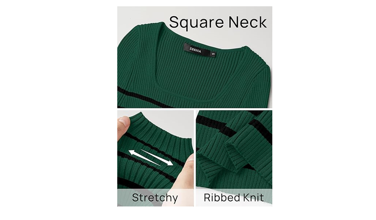ZESICA Women's Ribbed Long Sleeve Sweater Square Neck Knit Tops, Dark Green, L
