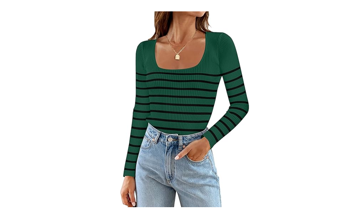 ZESICA Women's Ribbed Long Sleeve Sweater Square Neck Knit Tops, Dark Green, L