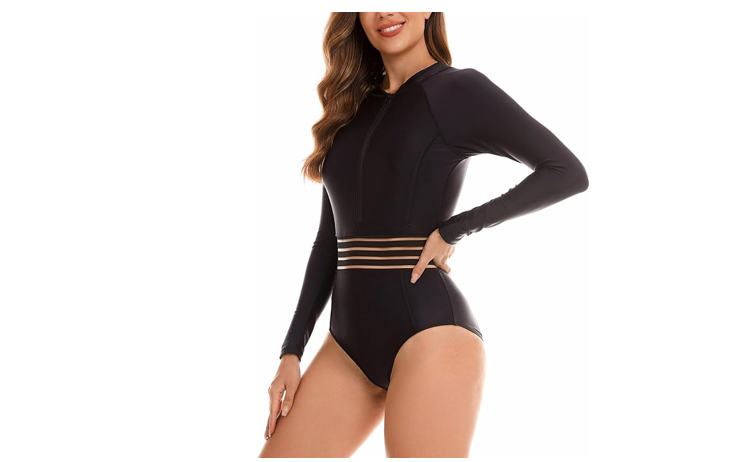 YATEEN Womens Athletic Training Swimsuit Long Sleeve Rashguard, Black, XL