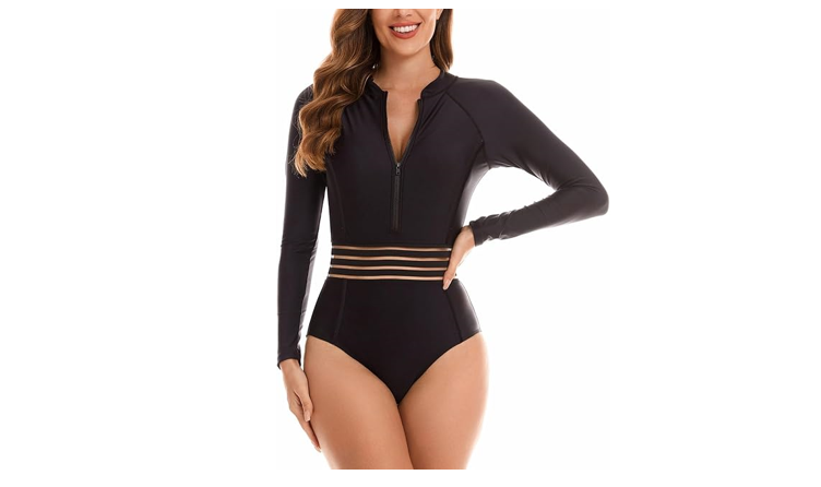 YATEEN Womens Athletic Training Swimsuit Long Sleeve Rashguard, Black, XL