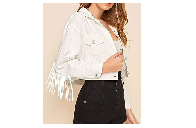 CHARTOU Women's Chic Button Down Tassel Fringe Denim Jean Cropped Jacket, Medium