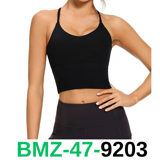 VIBOJOY Longline Strappy Padded Sports Bras Workout Running Tank, Black, Large