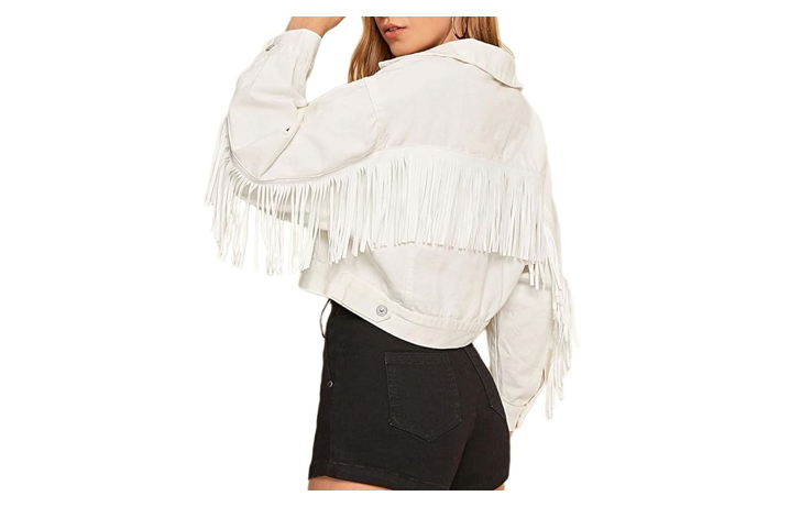 CHARTOU Women's Chic Button Down Tassel Fringe Denim Jean Cropped Jacket, Medium