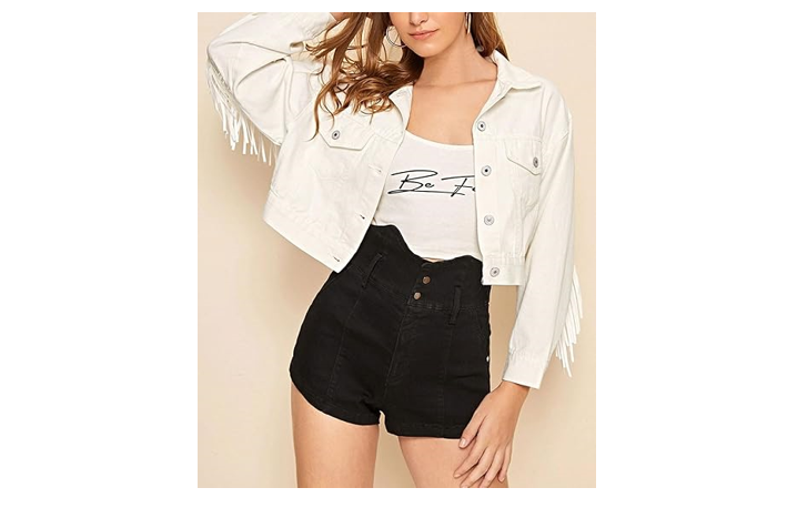 CHARTOU Women's Chic Button Down Tassel Fringe Denim Jean Cropped Jacket, Medium