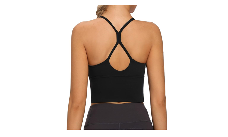 VIBOJOY Longline Strappy Padded Sports Bras Workout Running Tank, Black, Large