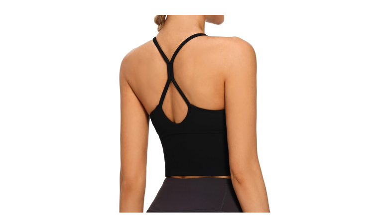 VIBOJOY Longline Strappy Padded Sports Bras Workout Running Tank, Black, Large