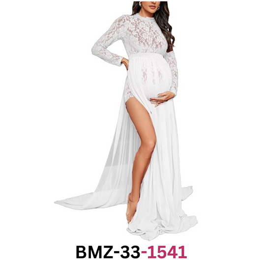 ZIUMUDY Long Sleeve Lace See-Through Maternity Gown for Photography, White, Smal