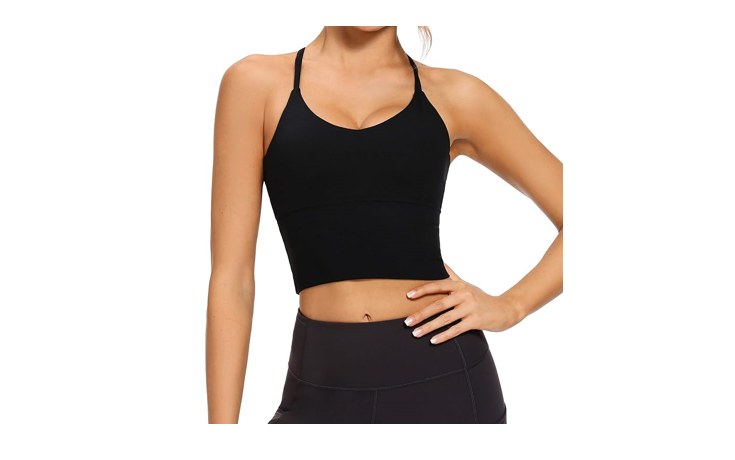 VIBOJOY Longline Strappy Padded Sports Bras Workout Running Tank, Black, Large
