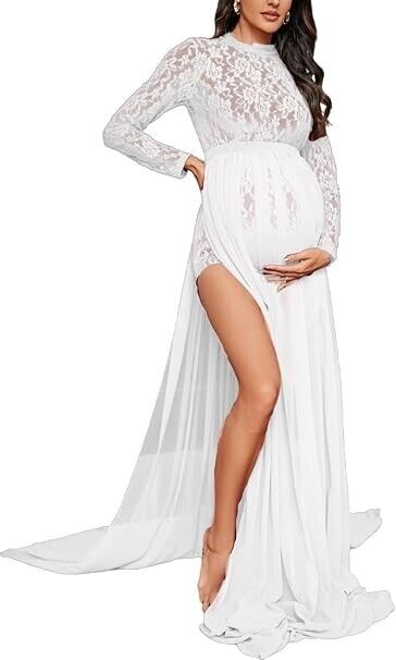 ZIUMUDY Long Sleeve Lace See-Through Maternity Gown for Photography, White, Smal