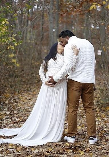 ZIUMUDY Long Sleeve Lace See-Through Maternity Gown for Photography, White, Smal