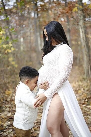 ZIUMUDY Long Sleeve Lace See-Through Maternity Gown for Photography, White, Smal
