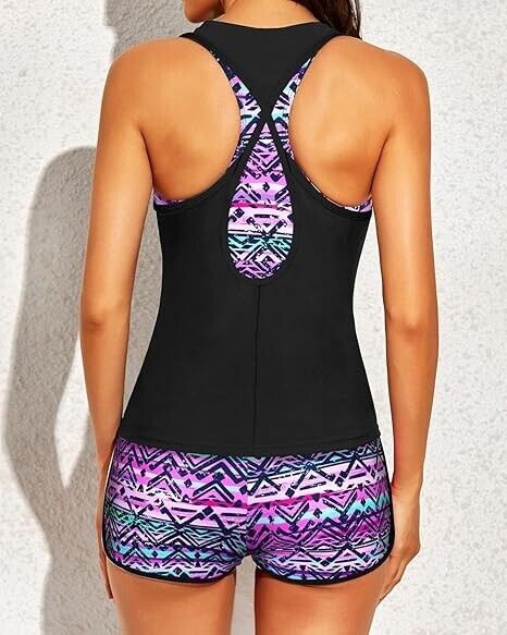 Yonique 3 Piece Athletic Tankini Women Swimsuits with Shorts Swim Tank Tops, XS