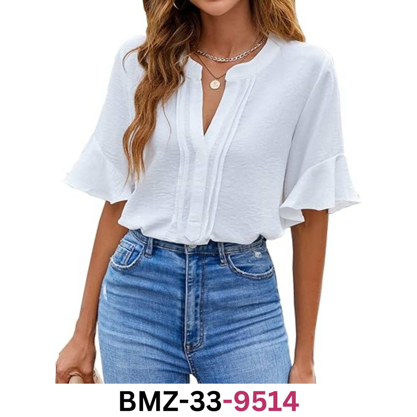 BMJL Womens White Blouses Chiffon Ruffle Short Sleeve V-Neck  Casual Shirt, XL