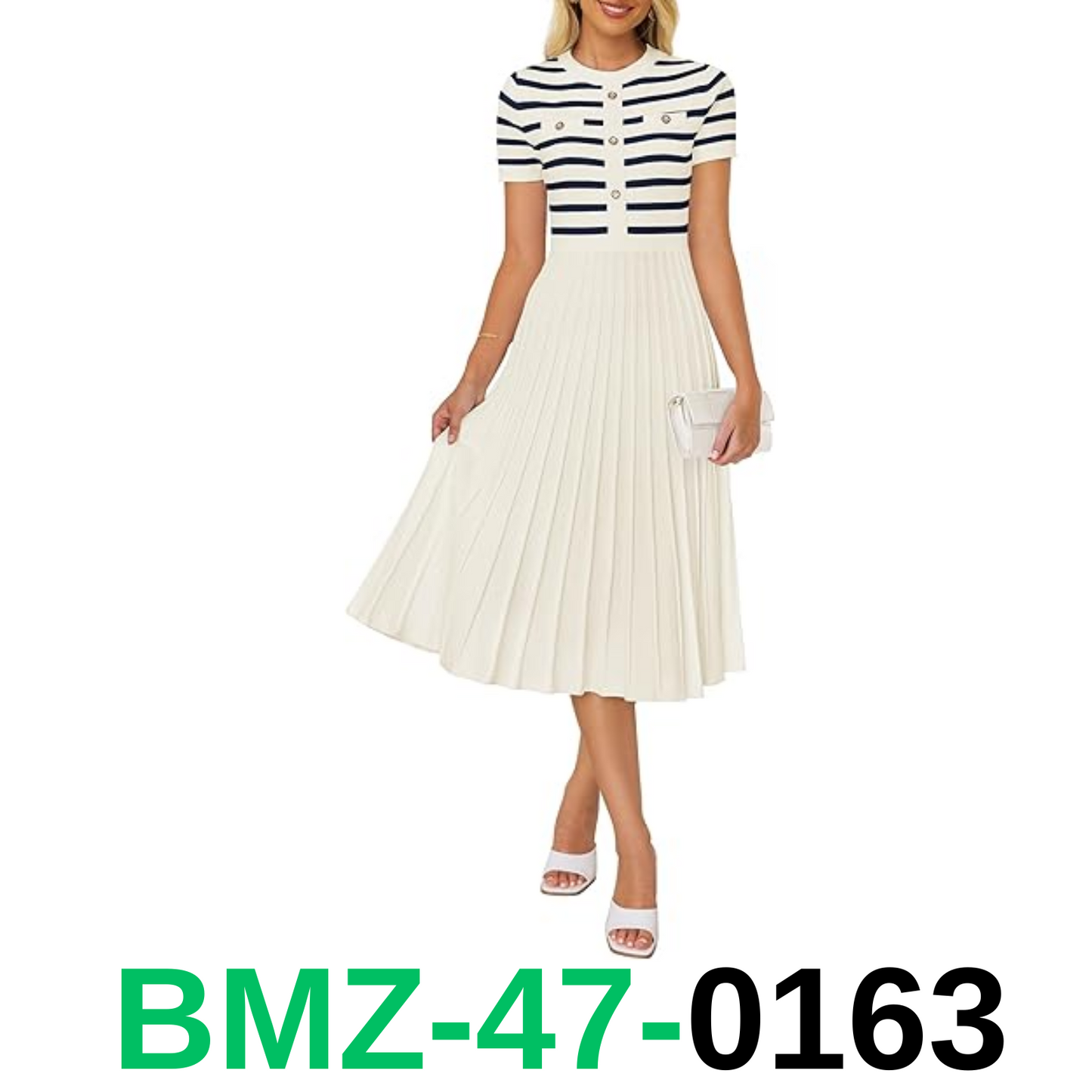 ZESICA Women's Casual Striped Midi Dress Crewneck Short Sleeve Button, Medium