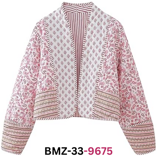 Yimoon Women's Cropped Puffer Quilted Jacket Vintage Floral Print Open Front, M
