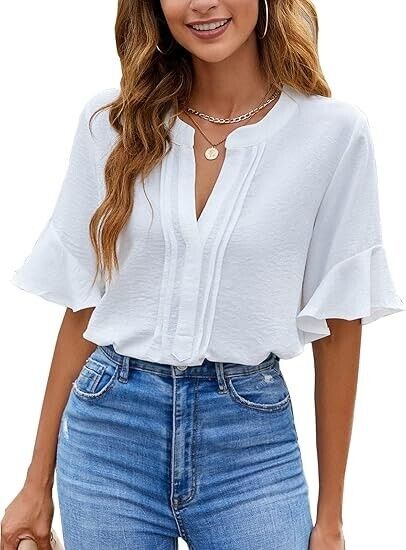 BMJL Womens White Blouses Chiffon Ruffle Short Sleeve V-Neck  Casual Shirt, XL