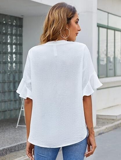 BMJL Womens White Blouses Chiffon Ruffle Short Sleeve V-Neck  Casual Shirt, XL