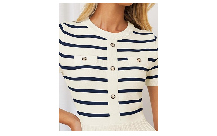 ZESICA Women's Casual Striped Midi Dress Crewneck Short Sleeve Button, Medium