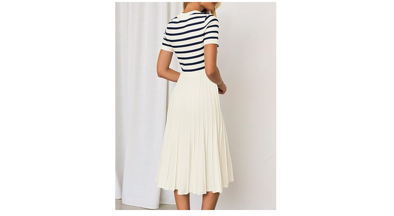 ZESICA Women's Casual Striped Midi Dress Crewneck Short Sleeve Button, Medium