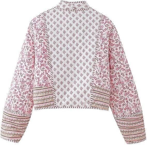 Yimoon Women's Cropped Puffer Quilted Jacket Vintage Floral Print Open Front, M