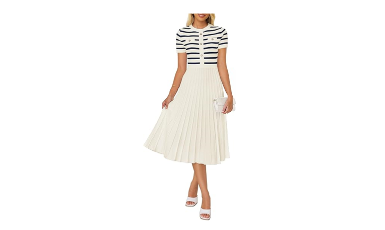 ZESICA Women's Casual Striped Midi Dress Crewneck Short Sleeve Button, Medium
