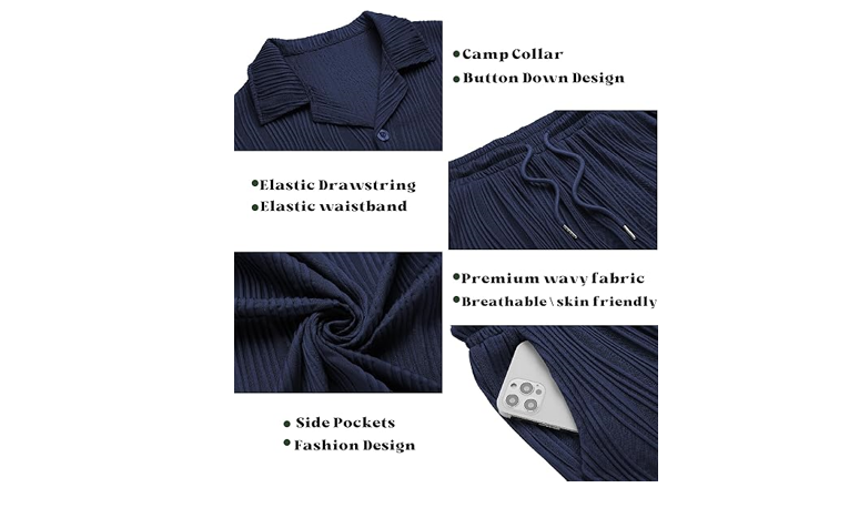 URRU Men's Summer Short Set Casual Fahion Outfits Beach Shirts Set Navy Blue, L