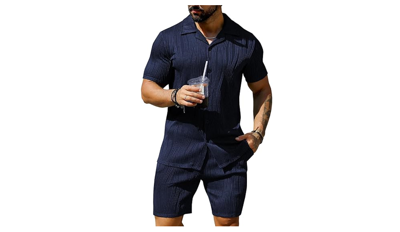 URRU Men's Summer Short Set Casual Fahion Outfits Beach Shirts Set Navy Blue, L