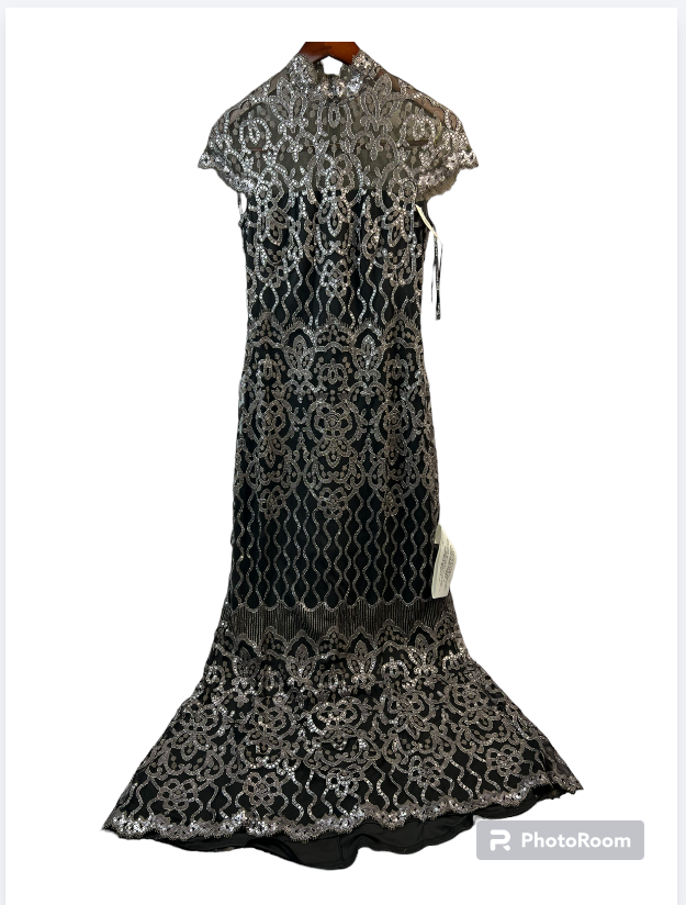 TADASHI SHOJI Women Black Zippered Geometric Mock Neck Full-Length Formal Gown 8