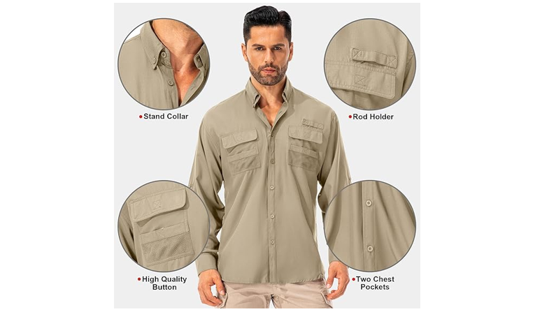 Toumett Men's Sun Protection Fishing Shirts Long Sleeve Safari Shirts, Khaki, L