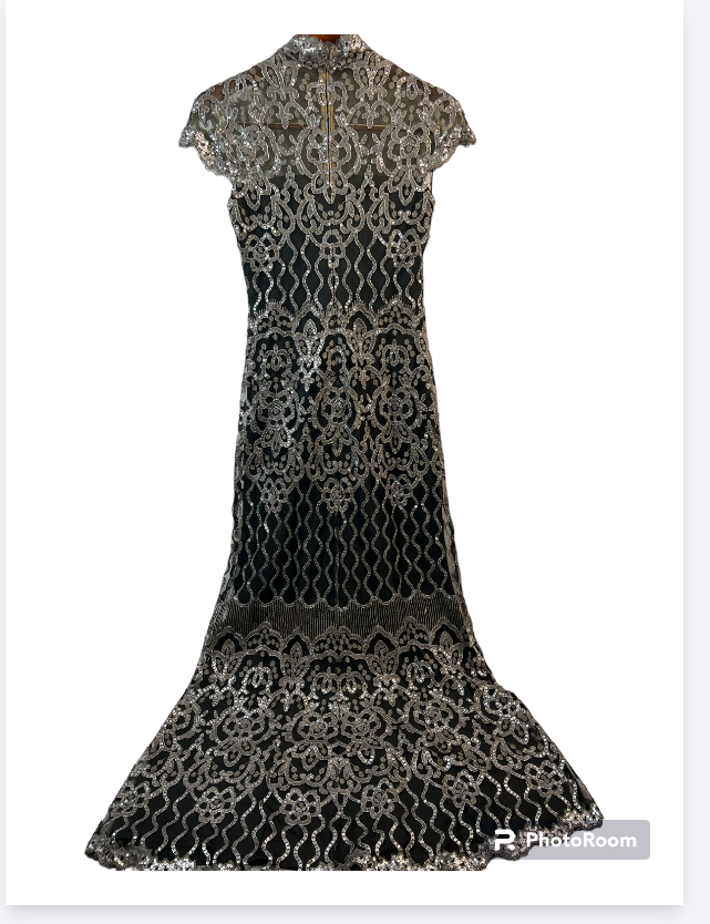 TADASHI SHOJI Women Black Zippered Geometric Mock Neck Full-Length Formal Gown 8