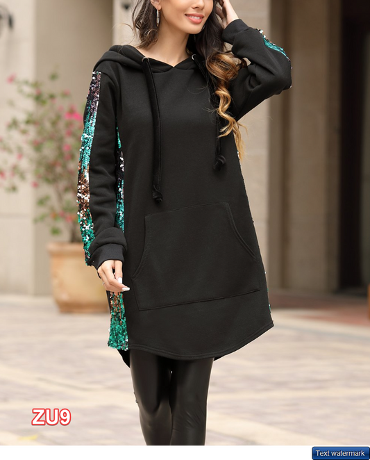 Z Avenue | Black & Green Kangaroo-Pocket Sequin-Stripe Hoodie L
