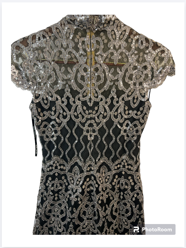 TADASHI SHOJI Women Black Zippered Geometric Mock Neck Full-Length Formal Gown 8