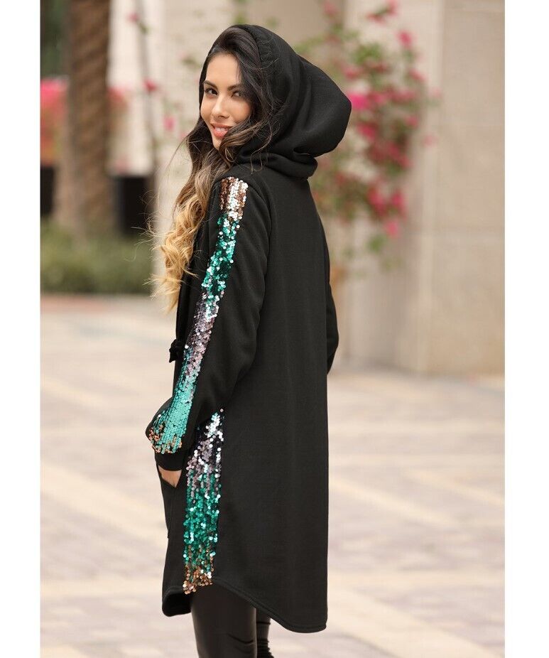 Z Avenue | Black & Green Kangaroo-Pocket Sequin-Stripe Hoodie L