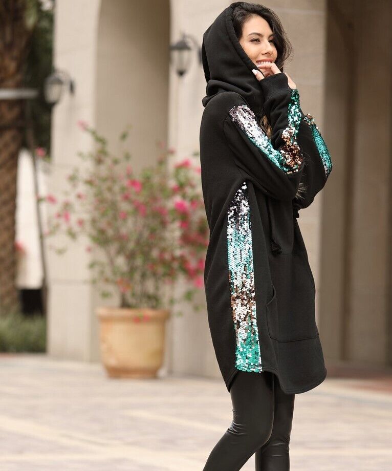 Z Avenue | Black & Green Kangaroo-Pocket Sequin-Stripe Hoodie L