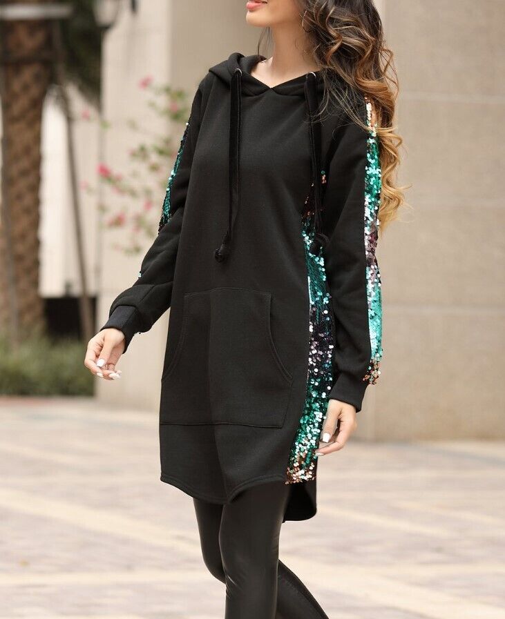 Z Avenue | Black & Green Kangaroo-Pocket Sequin-Stripe Hoodie L